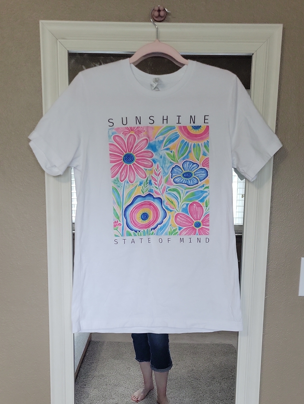 White Tee with Pink Blue Yellow Floral Graphic Medium